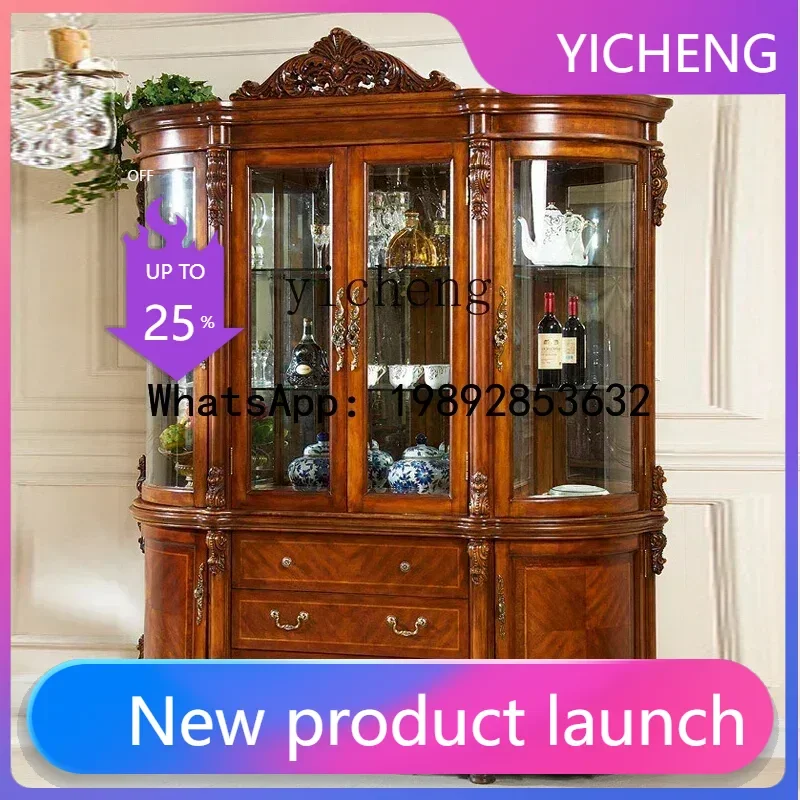 

European solid wood four-door wine cabinet glass cabinet American retro semi-round wine cabinet