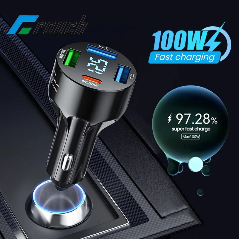 

4 Ports 100W Car Charger Type C PD30W QC3.0 USB Car Phone Charger Super Fast Charging Adapter For iPhone Xiaomi Huawei Samsung