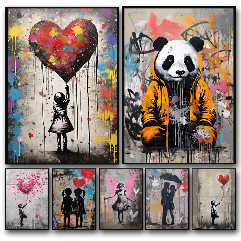 Banksy Boy Girl with Balloon on Diamond Posters and Prints Pop Street Graffiti Wall Art Painting for Living Room Home Decor