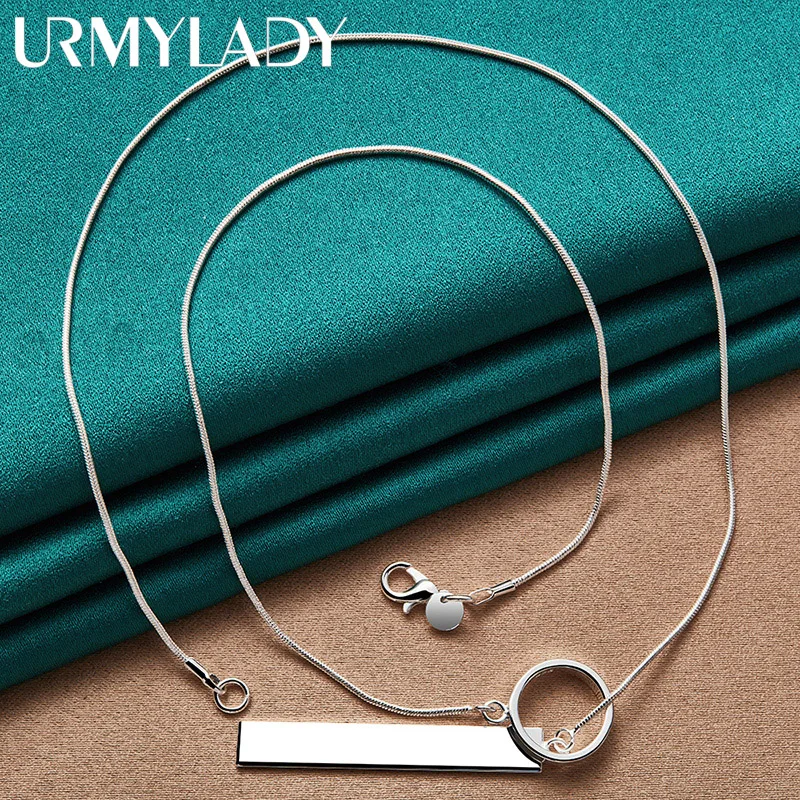 

URMYLADY 925 Sterling Silver Rectangle Ring 18 Inch Pendant Necklace For Women Wedding Party Fashion Jewelry