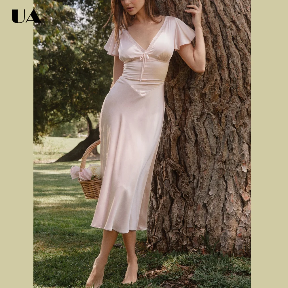 ULBYANRY Customized Satin Lace-trimmed Tea Dresses for Women Elegant Bow Wedding Guest Dress Classy Ruffled Sleeve Party Dress