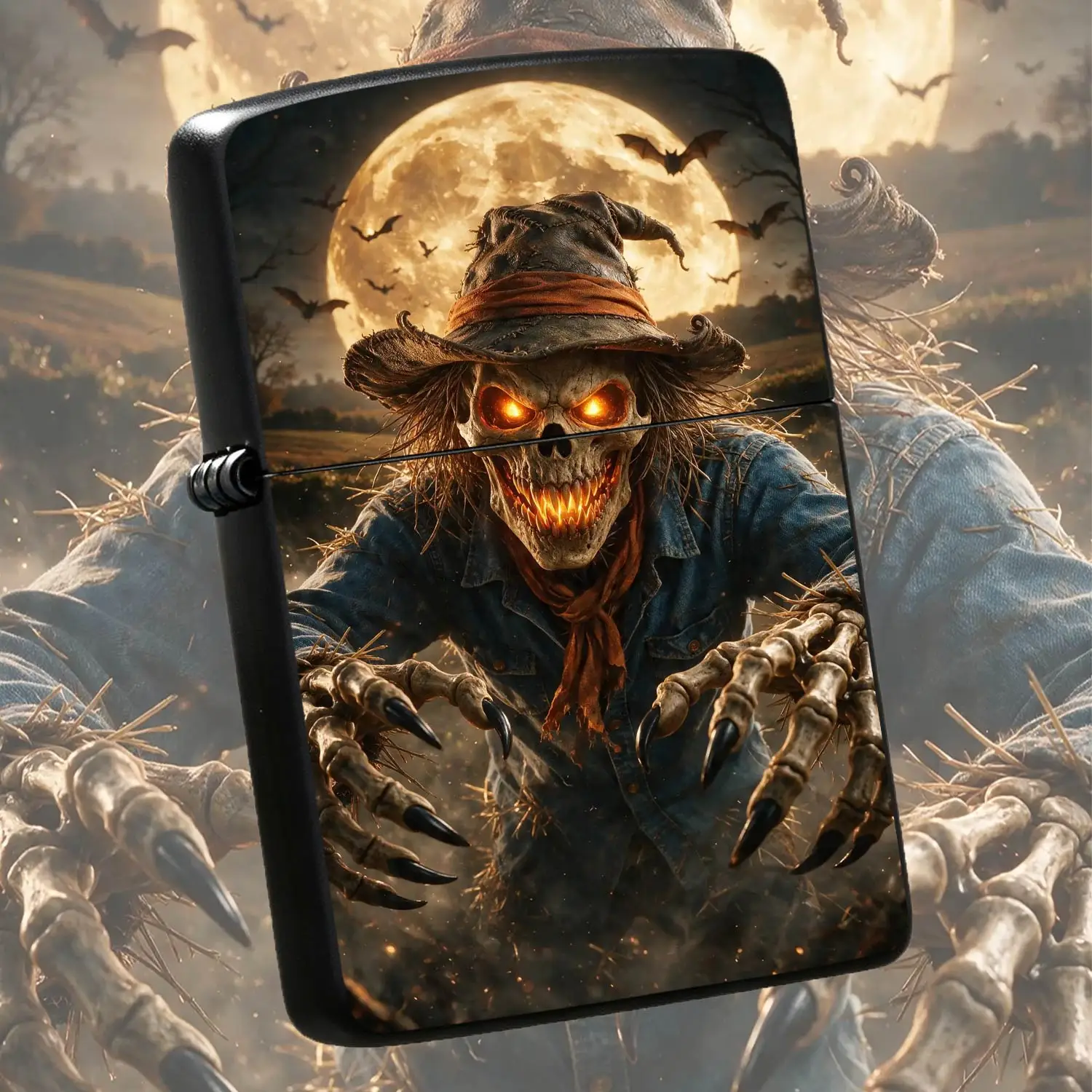 Halloween Scarecrow Skeleton Lighter, Spooky Full Moon Bat Themed Portable Lighter for Halloween Party Decor, Daily Carry, Unique Gift for Gothic Style Lovers, Indoor Outdoor Universal Use  A Humorous And Interesting Lighter