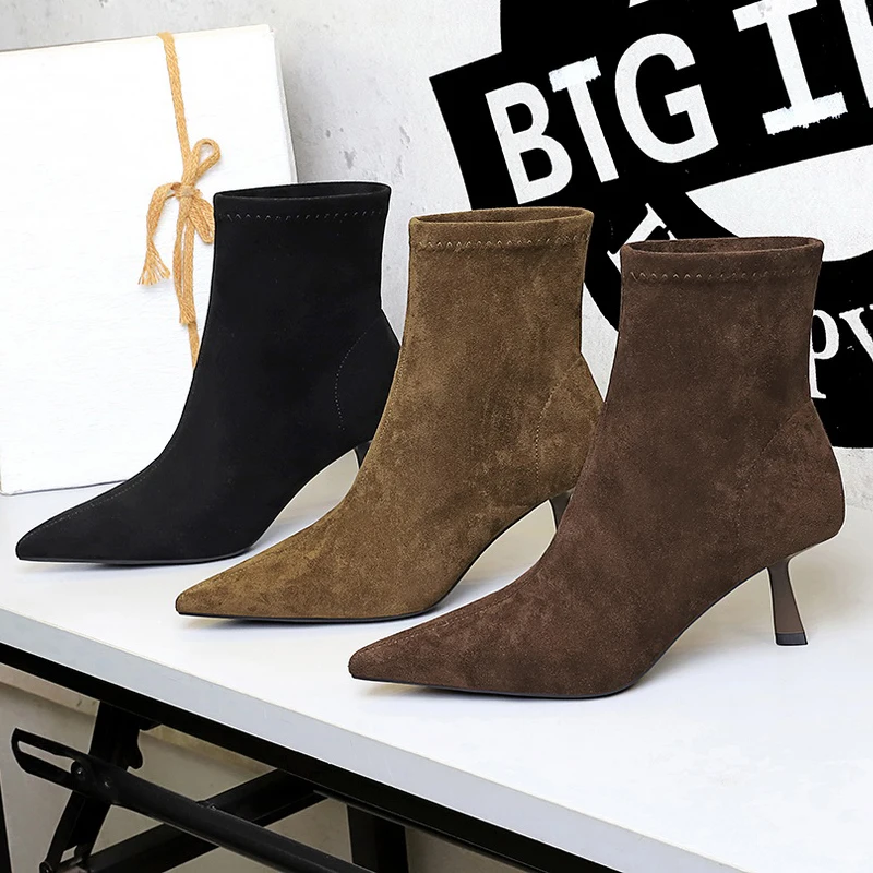 

Обувь BIGTREE, женские ботинки в стиле ретро, замшевые женские ботильоны с острым носком, ботинки на высоком каблуке-шпильке, осенне-зимняя обувь, короткие сапоги
