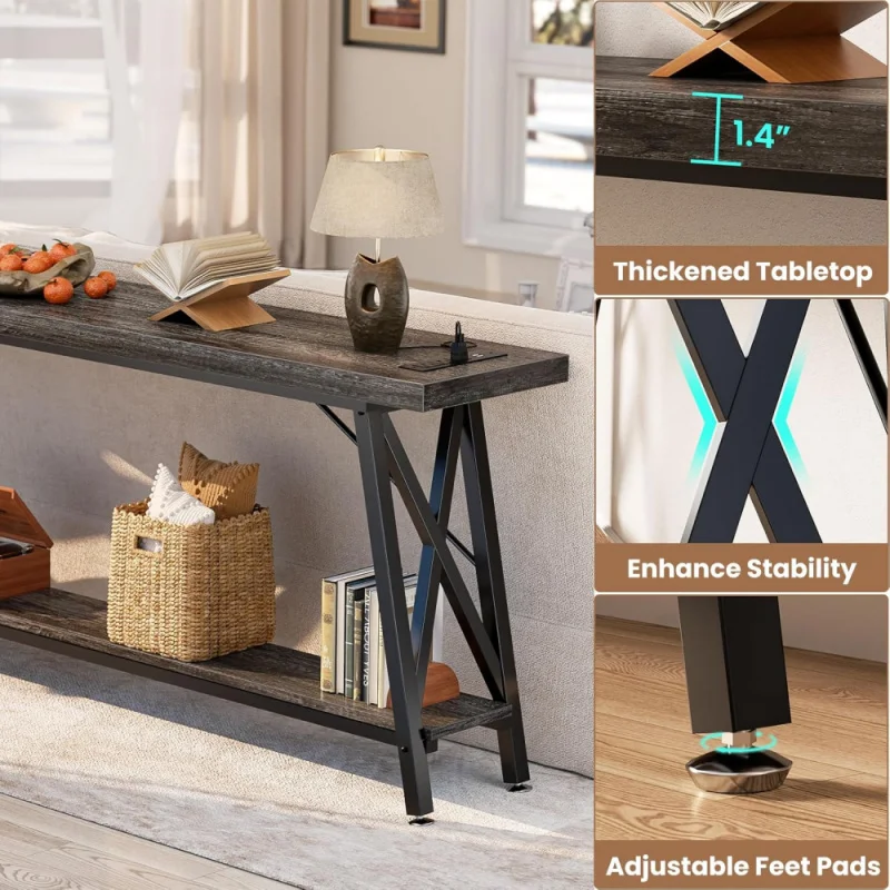 70.9 Inch Extra Long Console Table with Charging Station & Storage Shelf - Industrial Style Sofa Table Behind Couch