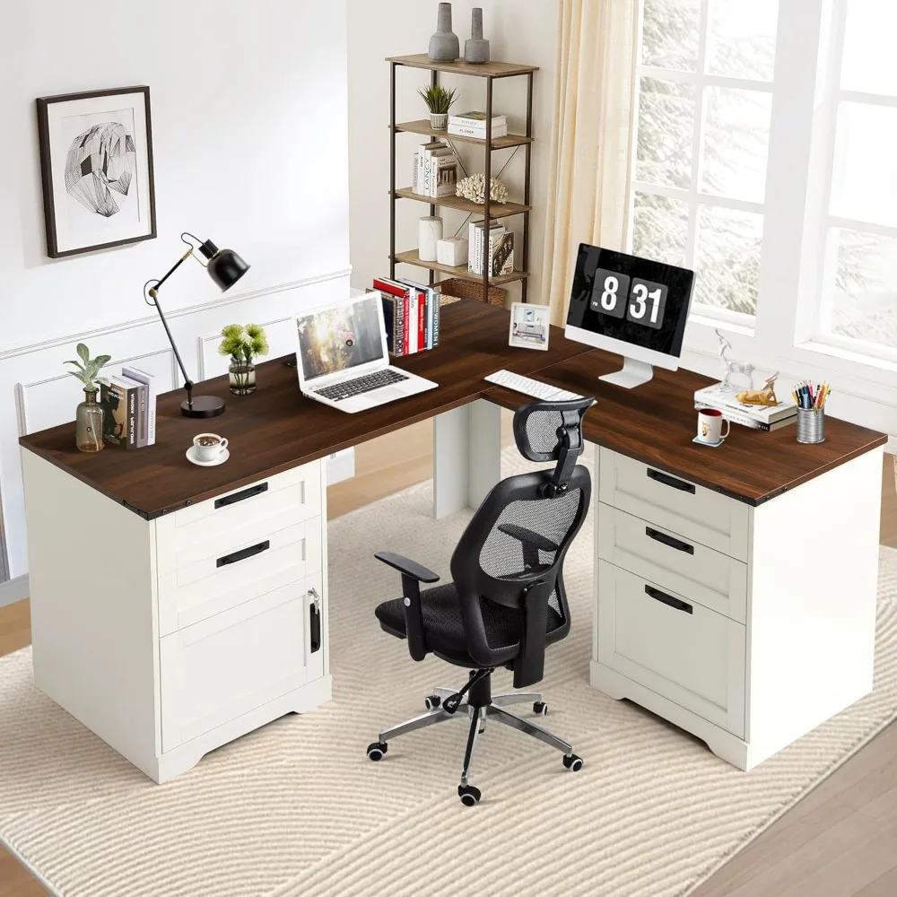 

60 Executive L Shaped Desk with Drawers, Farmhouse Home Office Desk with Charging Station, Wood Corner Computer Desk with