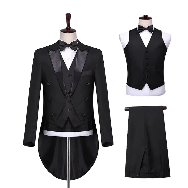 

Male Magician Tailcoat Suit 4 Pieces Set Pants Vest And Bow Tie Black White Stage Performance Chorus Host Male Singer Outfit