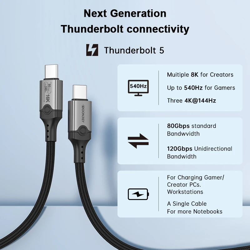 USB 5 80Gbps Thunderbolt Cable 4K@544Hz UHD Type C TO USB-C Cable PD240W Type-c Charge Cable for Macbook Pro Laptop Power Bank