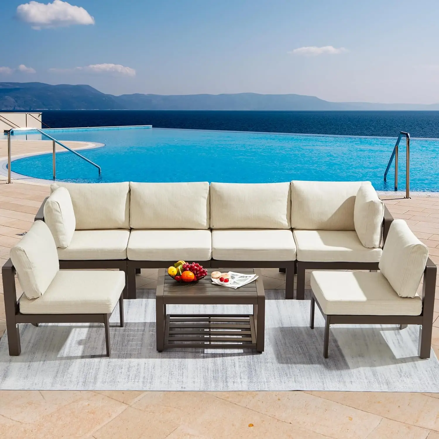 

Outdoor Sofa Set 7 Pieces, Glass Coffee Table and Slanted Back, All-weather, with Velcro, Patio Sofa Set