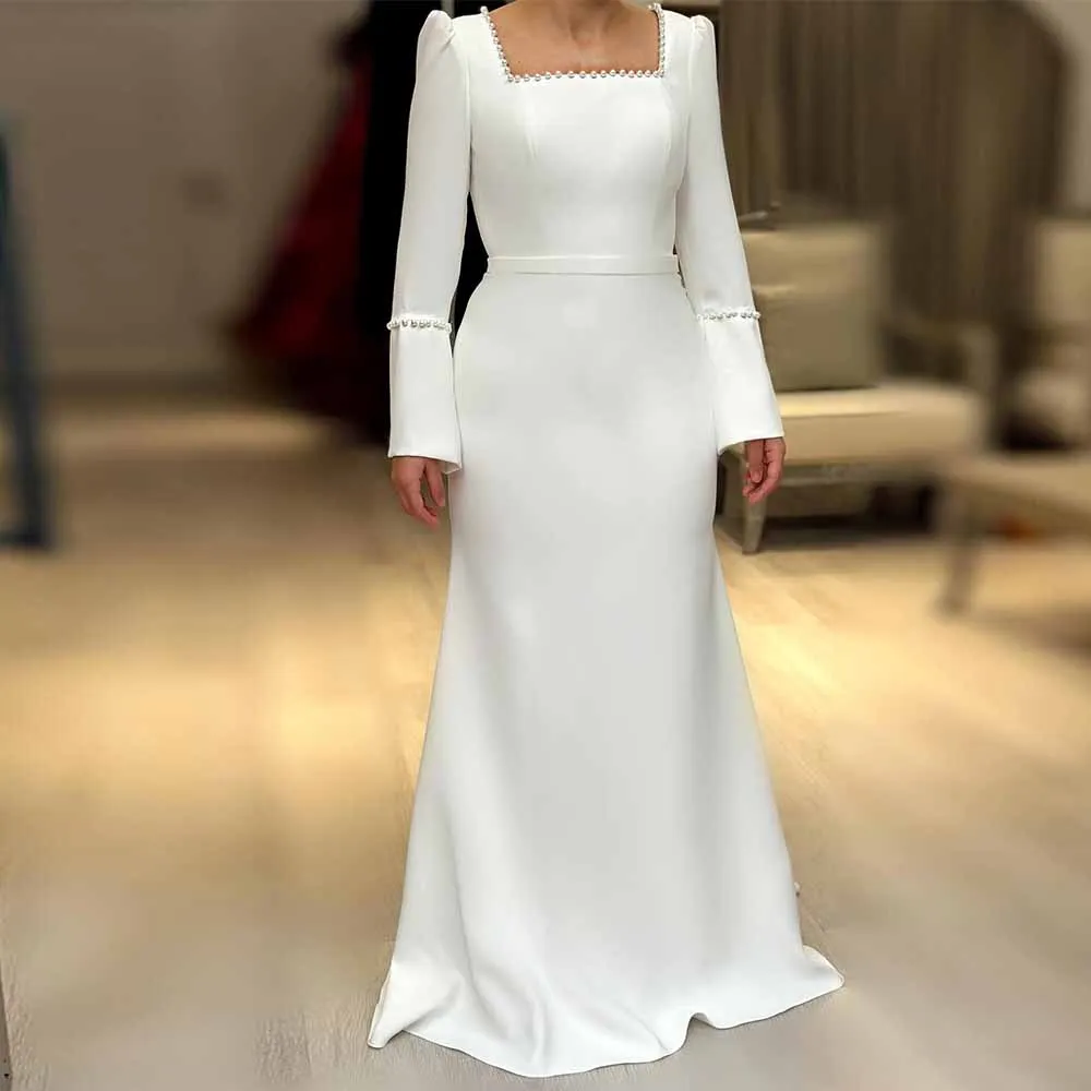 

2025 Modern Wedding Dresses Long Satin Mermaid/Trumpet Engagement Dress White Square Neck Pearls Hall Wedding Dress Mid