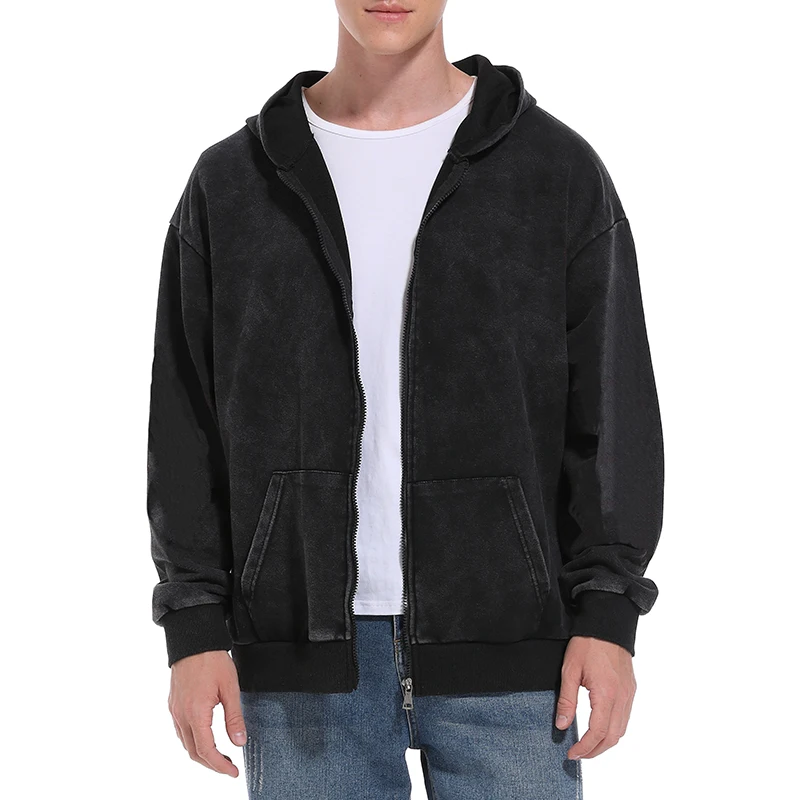 Retro Black Zip Up Hoodies for Men Women Acid Wash Hooded Sweatshirts Casual Basic Solid Color Coats Jackets Outwear Outfits