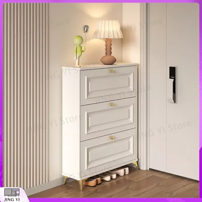 Ultra Thin White Wooden Shoe Cabinet for Hallway Mobile Storage Organizer with Wheels Small Space Saving Shoe Rack Home