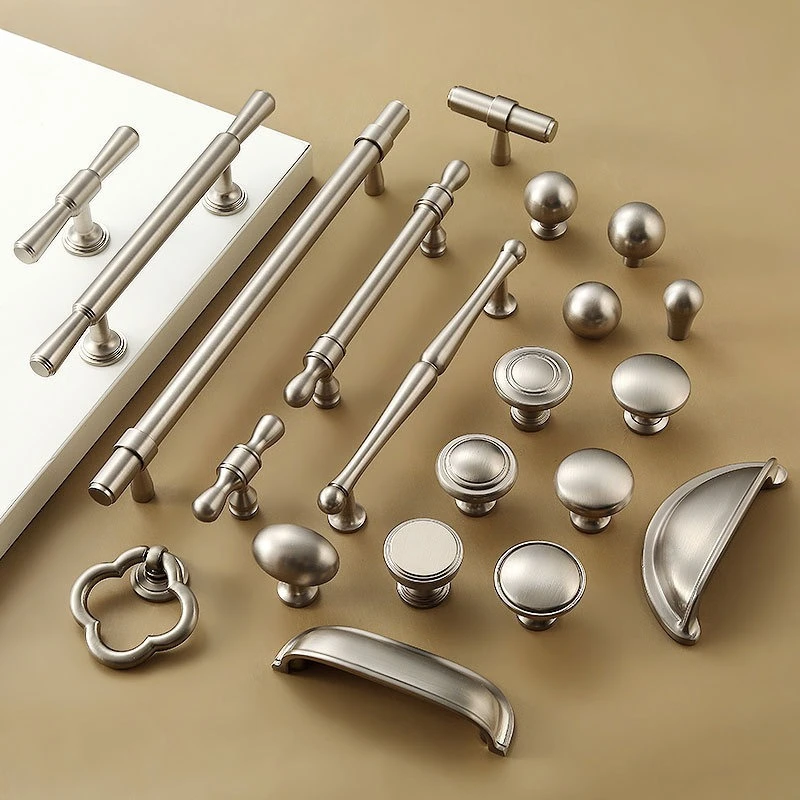 European Solid Brass Cabinet Knobs and Handles Matte Silver Kitchen Drawer Handles Wardrobes Dresser Handles for Furniture