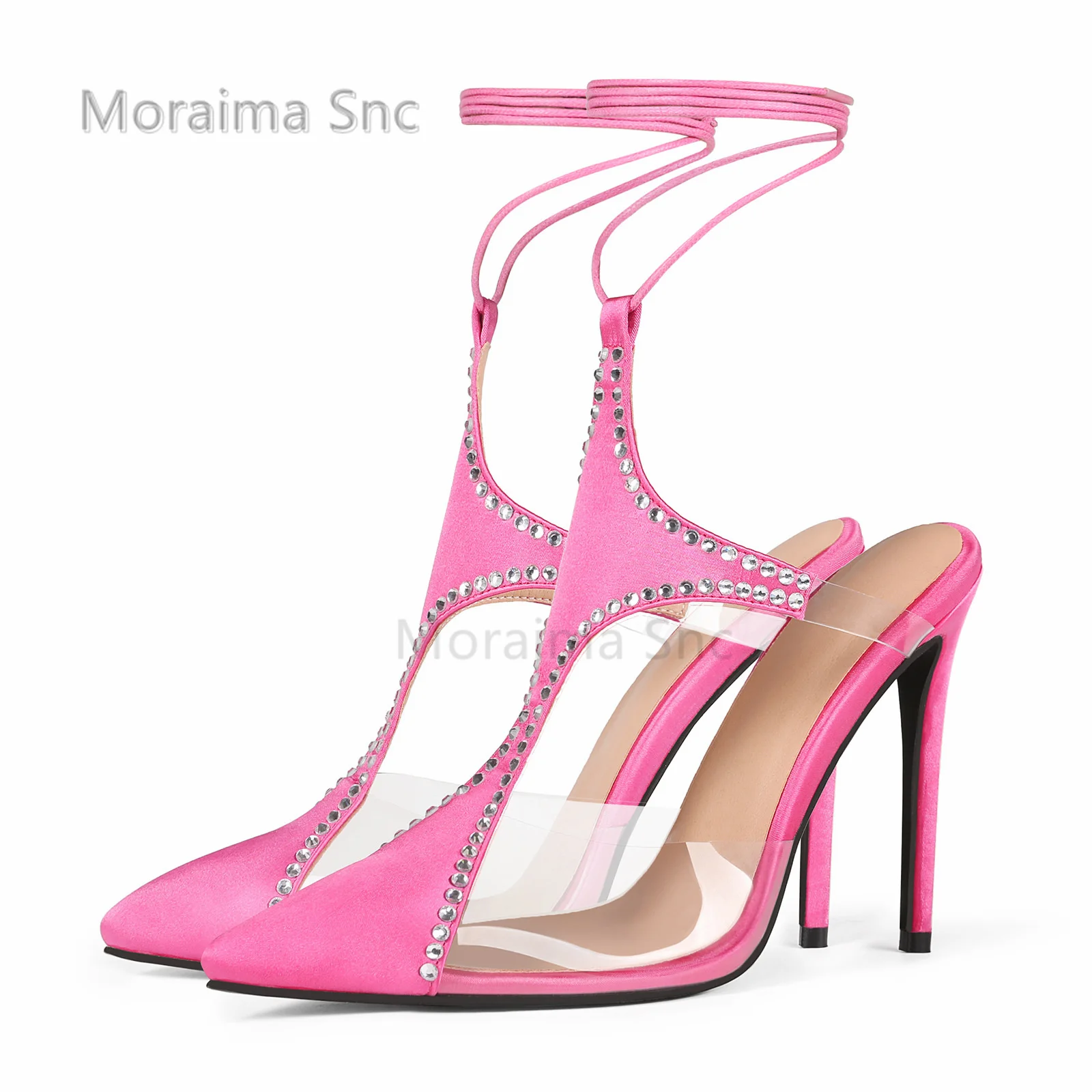 

Розовые сандалии из ПВХ с ремешками и кристаллами, женские туфли на шпильке с острым носком, прозрачные летние офисные модельные туфли на шнуровке с ремешком на щиколотке