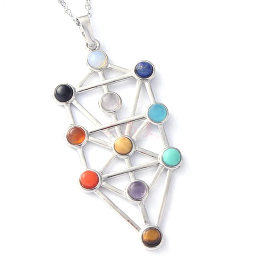 Cor prata 11 contas de pedra kabbalah pingente colar para mulheres chakra natural árvore da vida pedra pingente corrente colar jóias