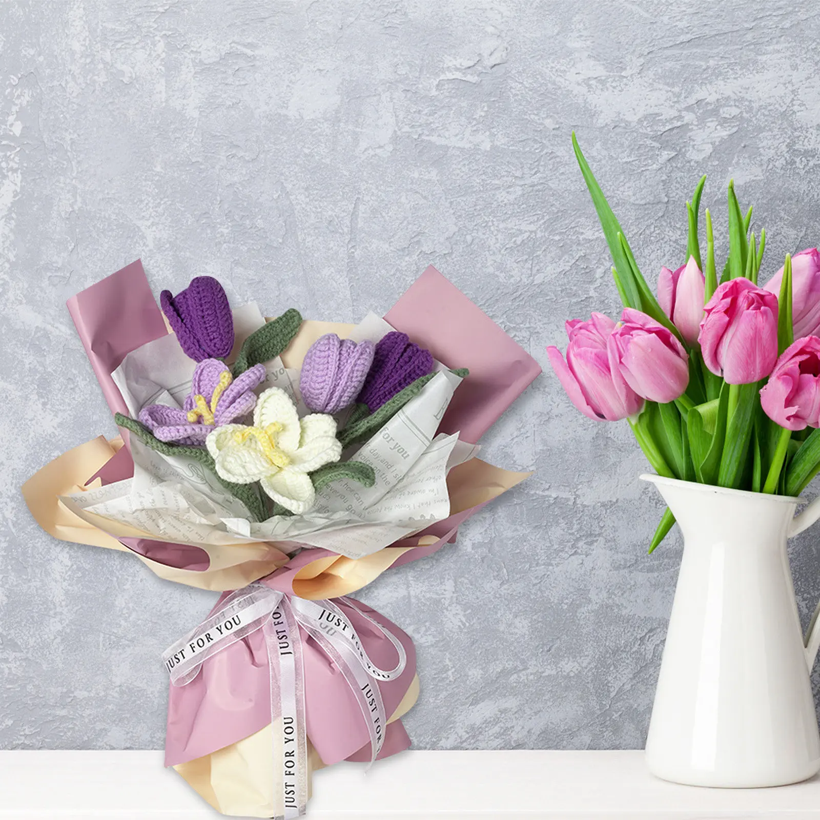 Kit de Ganchillo para Tulipanes, Set de Hilos para Tejer para Principiantes y Adultos, Ramo de Flores Hecho a Mano, Kit de Hilos para Regalo