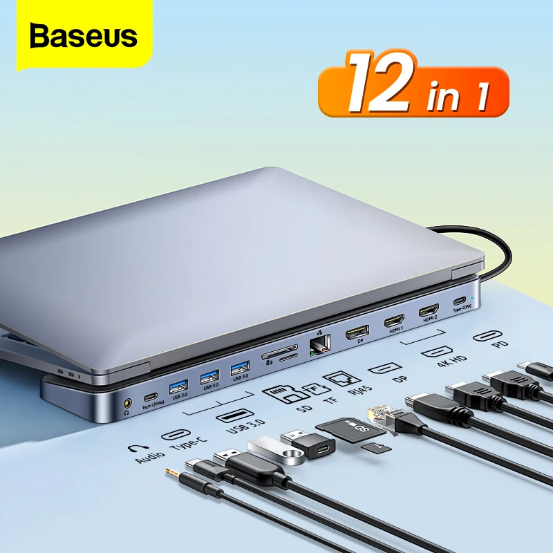 Baseus 12 in 1 USB Type C Hub to 4K 60Hz HDMI-Compatible DP RJ45 SD TF Card USB 3.0 Hub Adapter for MacBook Pro Air Dock Station