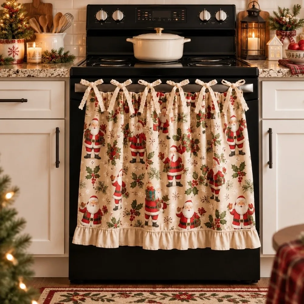 Ruffle Edge Christmas Oven Short Curtain Xmas Tree Snowman Deer Kitchen Stove Short Curtain Decorative Flower