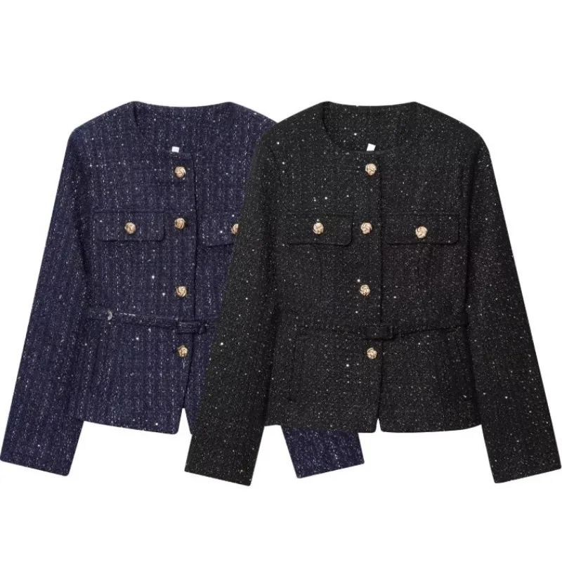 

ZEMOREXMZ Spring New Women's Faion Design Thiened iny Sequin Coat Warm Straight Cut ort Outerwear Polyester Fiber Long ...