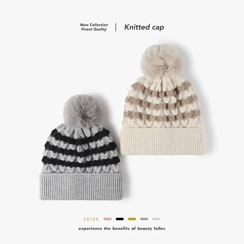 Autumn/Winter Warm Pom-Pom Earflap Wool Hat for Women Fleece Lined Beanie Fashion Color-Blocked Knit Beanie Hat