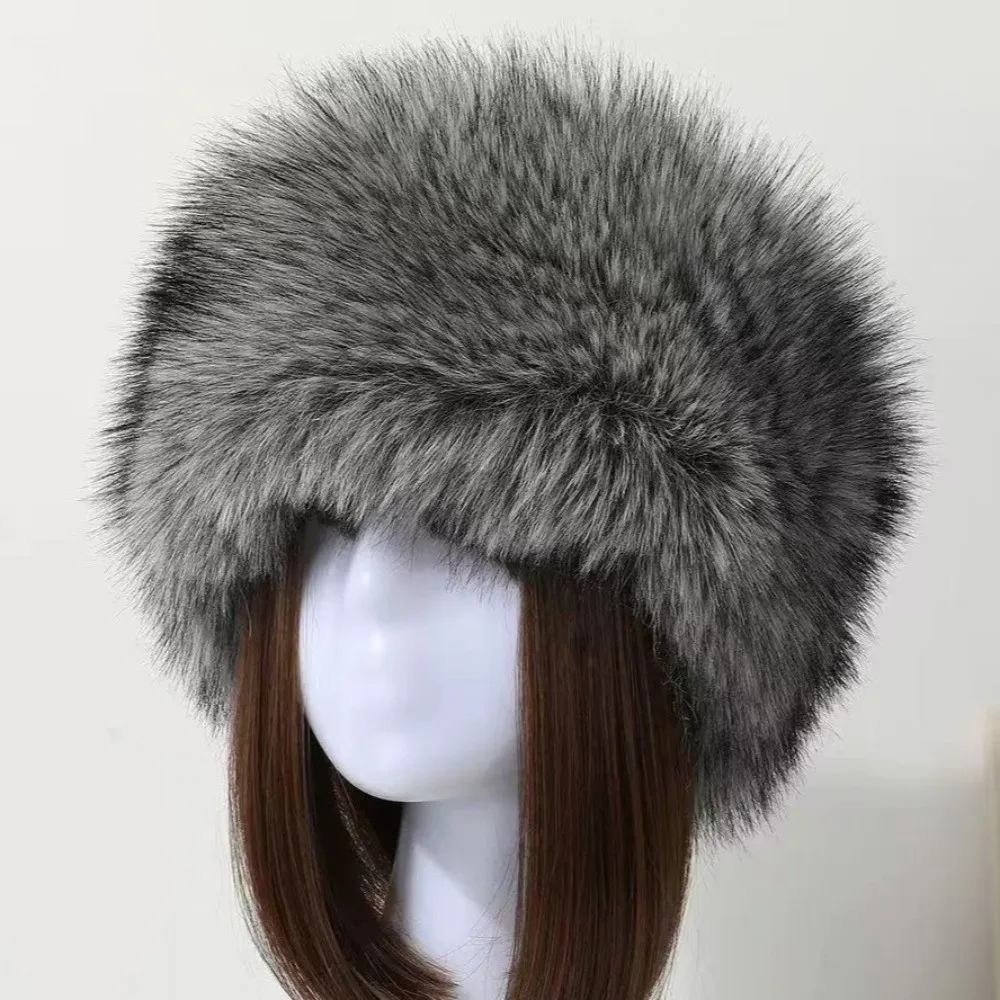 3Pcs/Set Retro Elastic Wide Fur Cuffs Hat Soft Furry Headband Wristband Set Windproof Empty Top Cap Warm Thick Hairband Adult 4