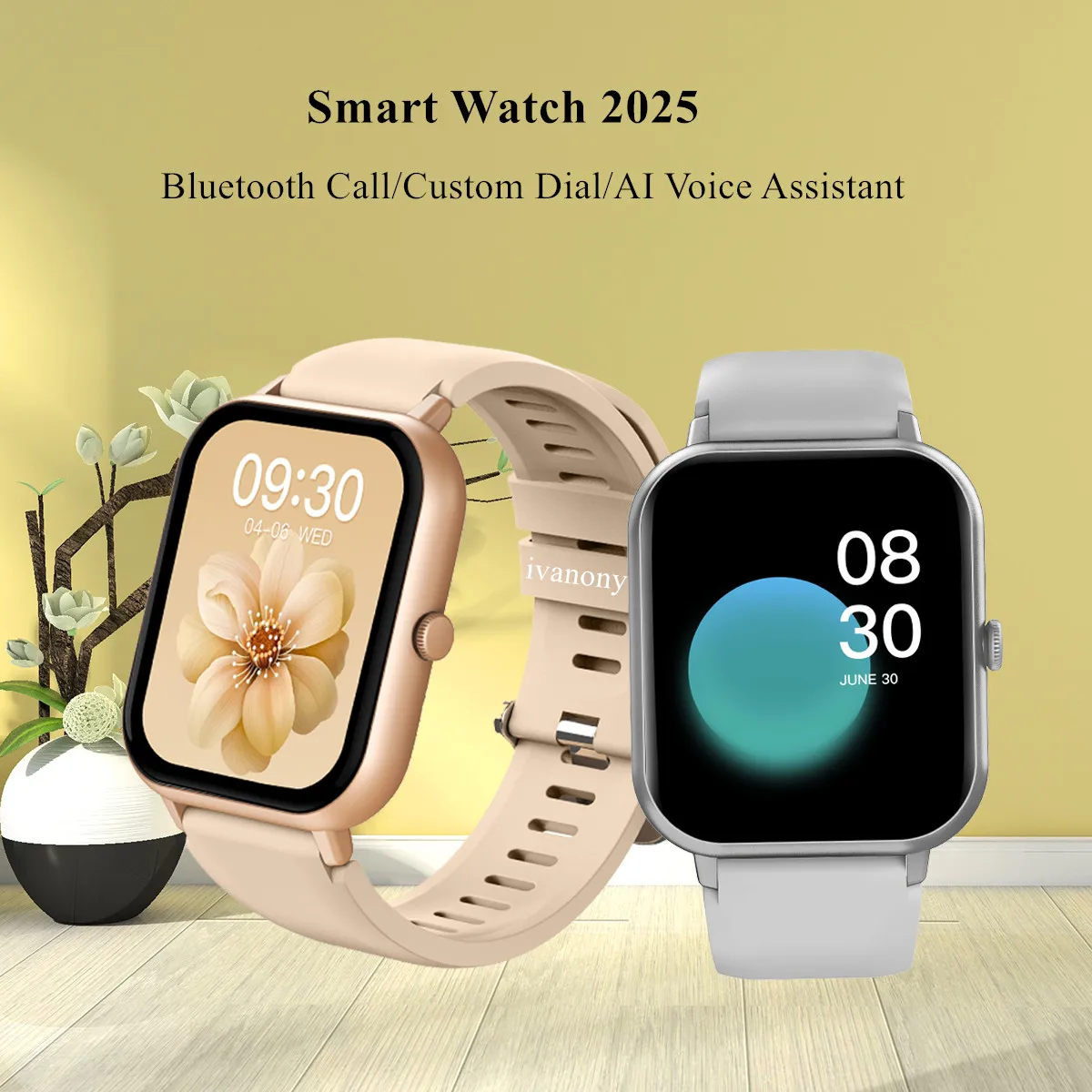Smartwatch Męski Damski Połączenia Bluetooth Asystent Głosowy AI Zegarek na Rękę Zdalne Sterowanie Muzyką Ekran Kwadratowy 1,83 cala Monitor Aktywności Sportowej