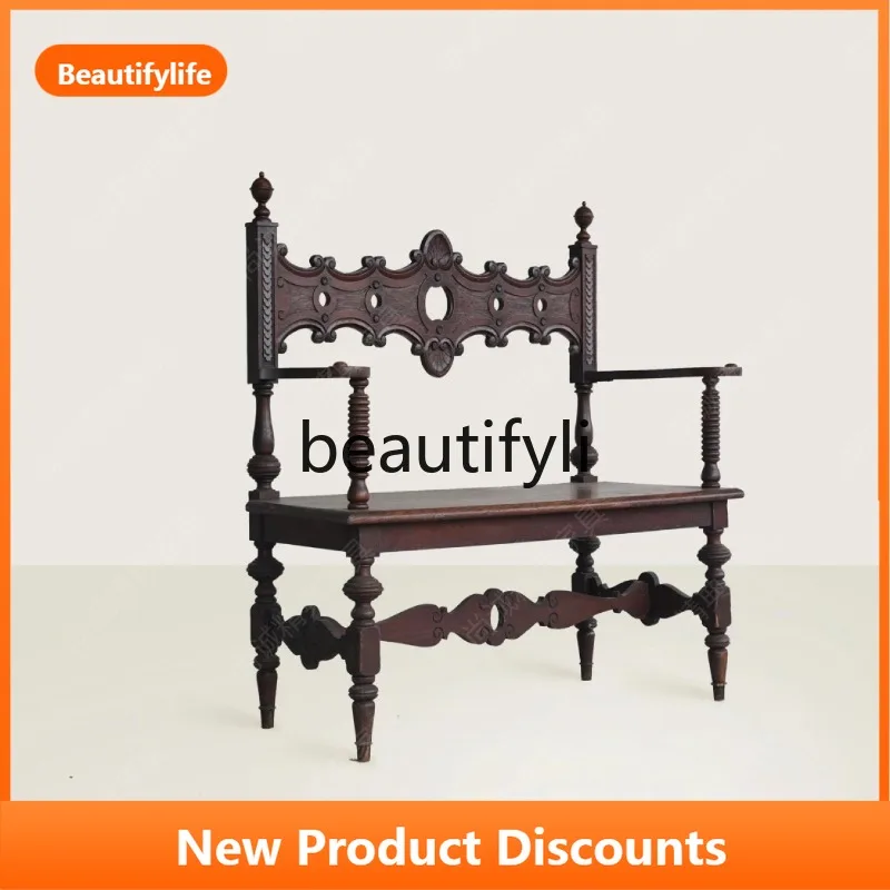 

Vintage Carved Solid Wood Retro French Double Sofa American Style Distressed Long Bench Vintage Leisure Chair
