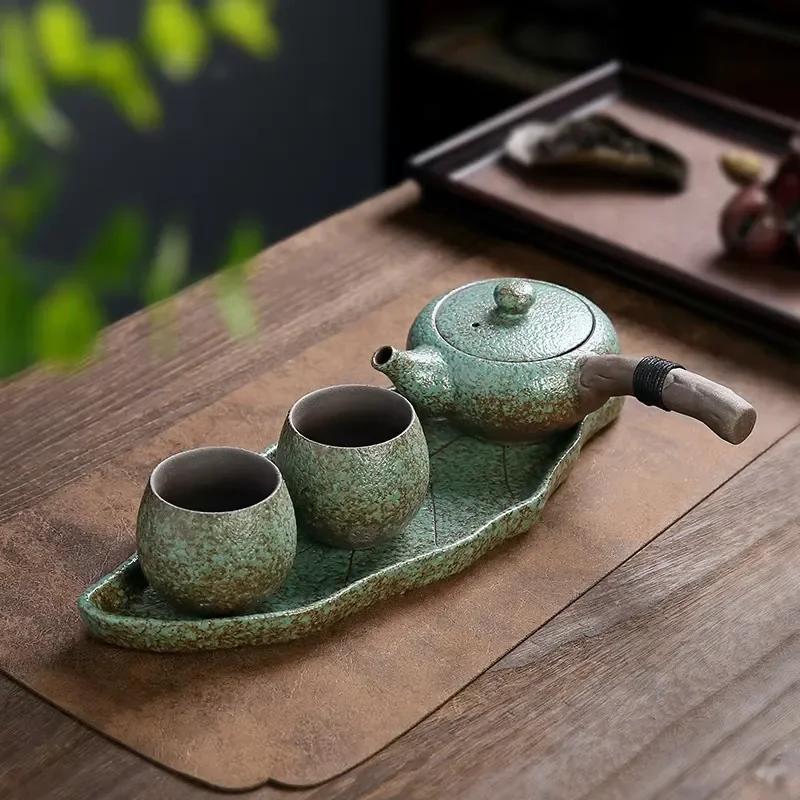 Retro Coarse Pottery Tea Set One Pot Two Cups Quick Brewing Dry Brew Teapot Ceramic Travel Office Portable Gongfu Tea Ware