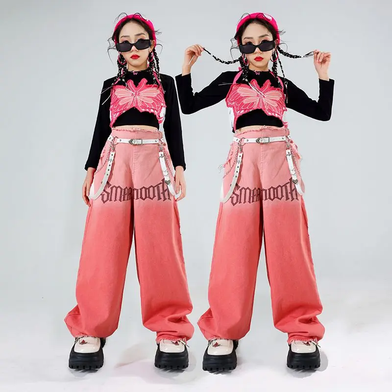 Jazz Modern Dance Costumes For Girls Loose Vest Jeans Outfits Streetwear Hip Hop Dance Performance Clothes