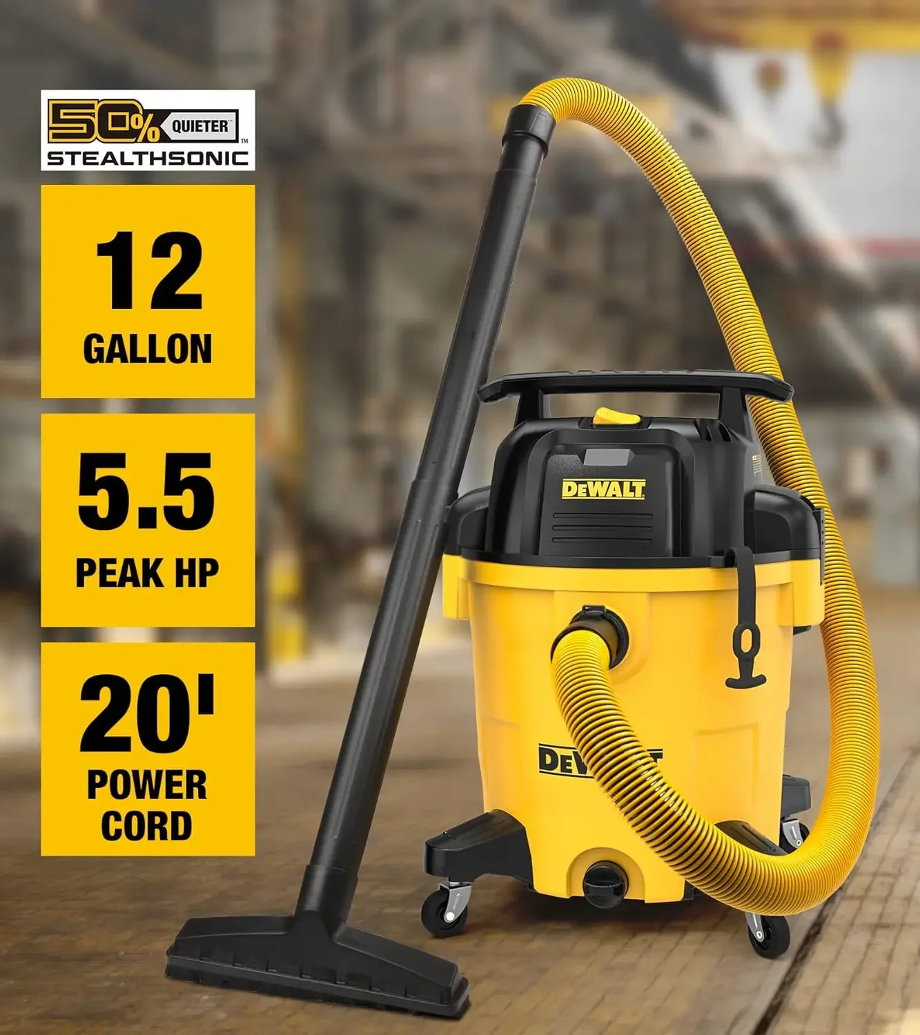 DEWALT 12 Gallon STEALTHSONIC Ultra Quiet Poly Wet Dry Vacuum, DXV12P-QTA Powerful Suction Noise Reduction Vac, 5.5 Peak