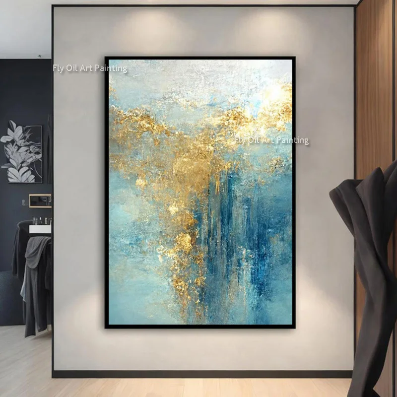 تصميم جديد مرسومة باليد الأزرق الذهبي سميكة قماش النفط اللوحة مجردة الأزرق الداكن الذهب احباط الفني لديكور غرفة المعيشة كهدية