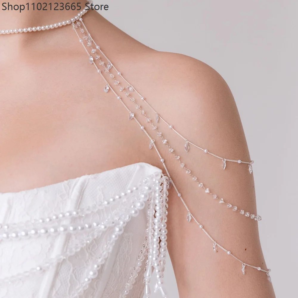 Multilayer Tassel Bridal Shoulder Chain Necklace Wedding Accessories cosplay Banquet Rhinestone Body Chain Top Dress for Women