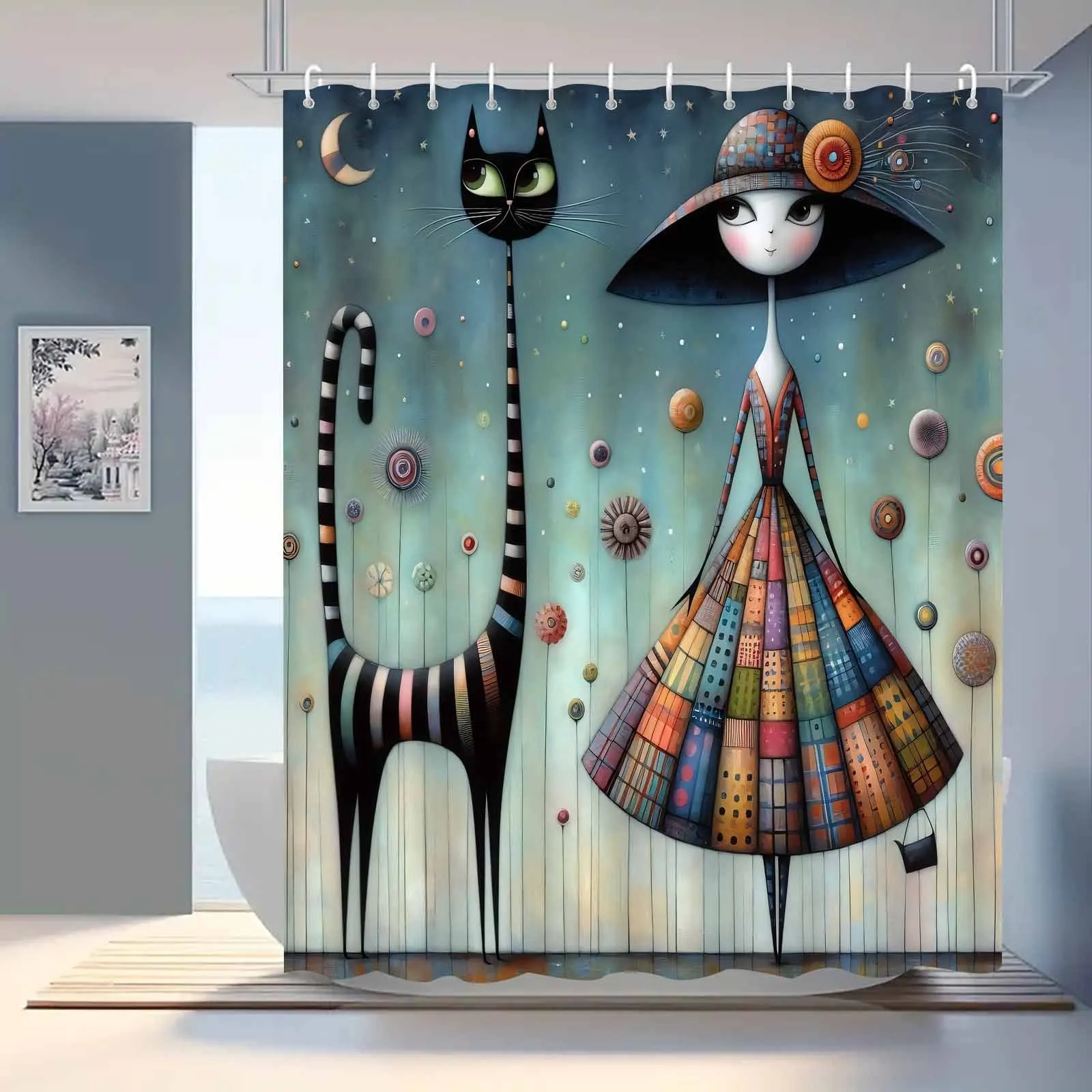 

1 шт., занавеска для душа «Причудливая девушка и кошка», «Звездная ночь», элегантный декор для ванной комнаты из полиэстера с крючками, вязаное плетение, художественный дизайн