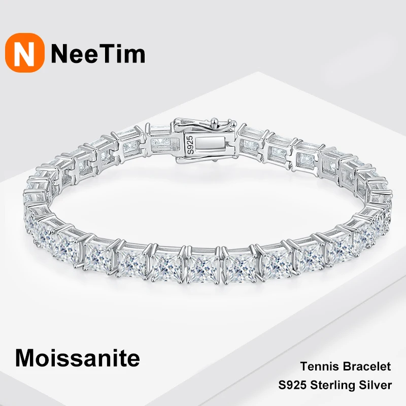 

NeeTim 4x4mm Princess Cut Moissanite Tennis Bracelets for Woman Man 925 Sterling Silver Lab Diamond Hand Bracelet Luxury Jewelry