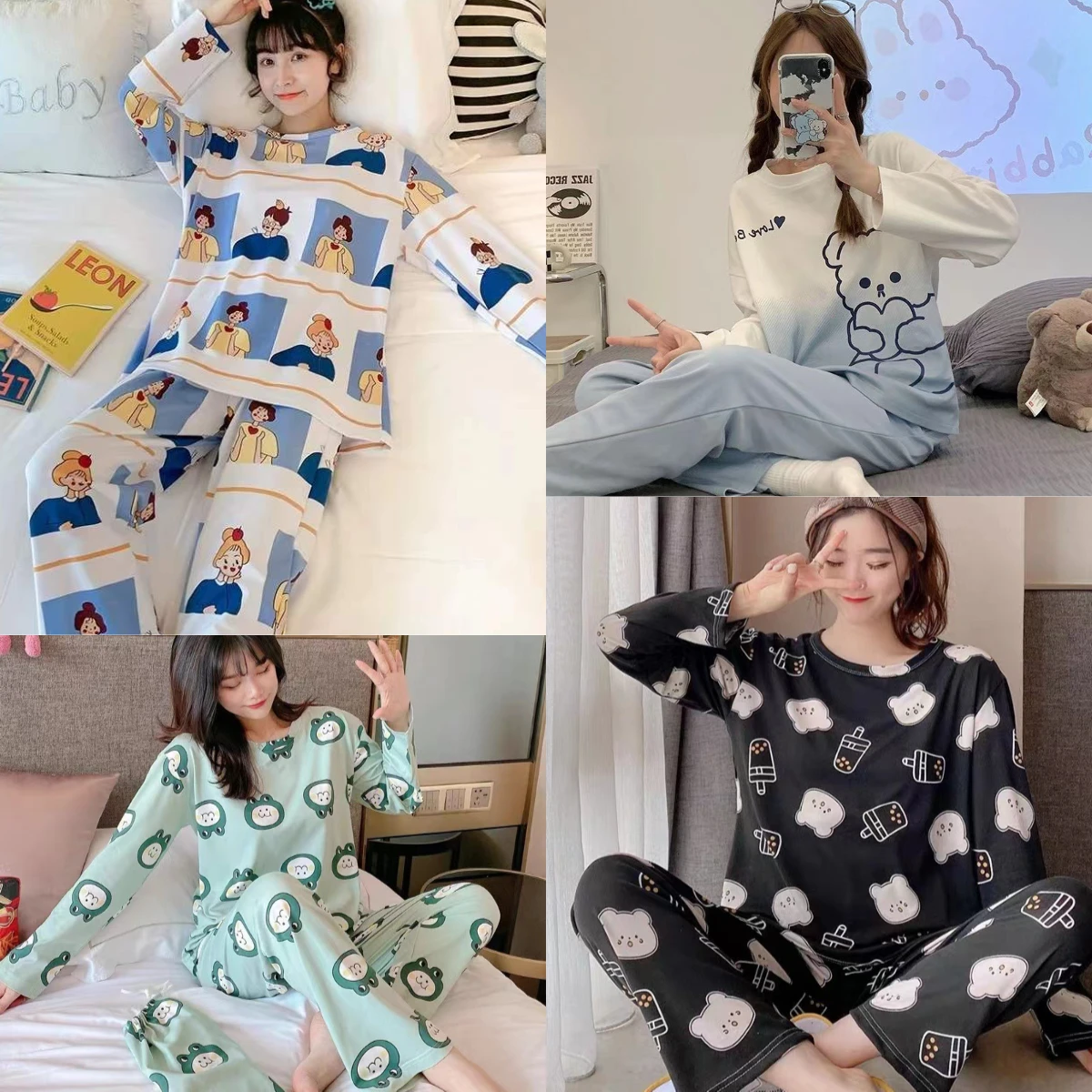 2PCS/Set Young Girl Spring and Fall Pajamas Long-Sleeved Fashion Casual Simple Cartoon Bear Print Homewear Floral Women Clothes