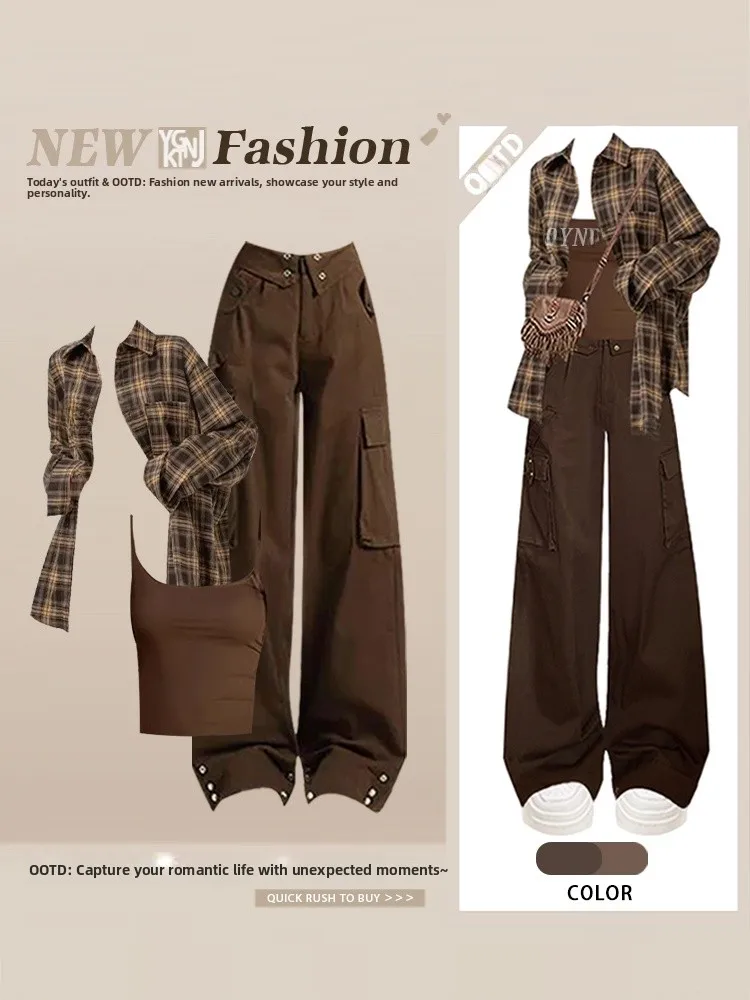 Early Autumn Plaid irt Women's Strap Vest Straight Leg Workwear Pants Desert Wind Set American Sle Long Sve V-ne irt