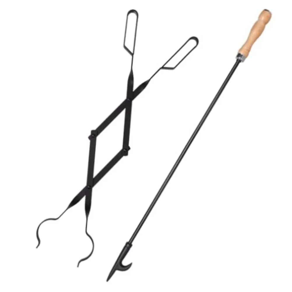 Fireplace Poker with For Tongs For Set for Log Positioning and Fuel Addition 45x15x5cm Black Alloy Construction
