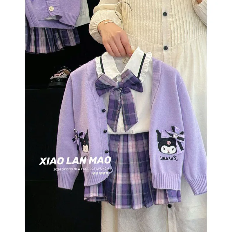 

Kawaii Sanrio KUROMI Girls JK Set Spring Outfit 2025 New Three Piece Set Children's Pleated Skirt Knitted Sweater Girl Gift Toys