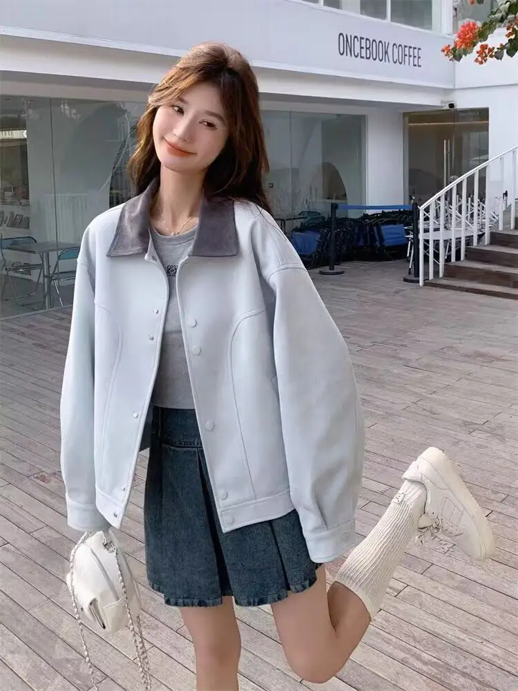 

Женская укороченная куртка с отложным воротником в стиле колор-блок, весна-осень 2026, новинка, маленький размер, модная, универсальная, повседневная