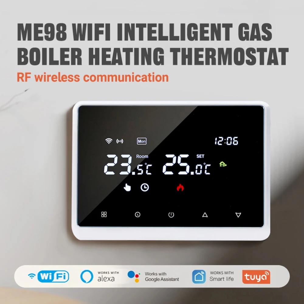 

Wireless WiFi Thermostat ME98 with APP/Voice Control Battery/USB Powered for Gas Boilers and Compatible with Smart Home Systems