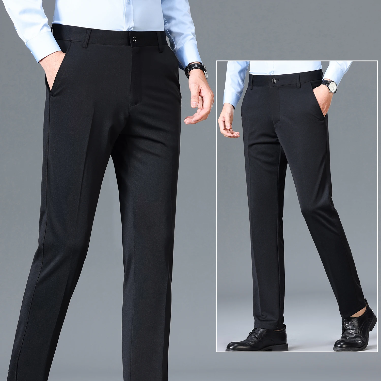 US Size Men's Formal Dress Pants Pleated Suit Pants Mens Stretch Golf Pants Classic Fit Straight Leg Black Khaki Trousers