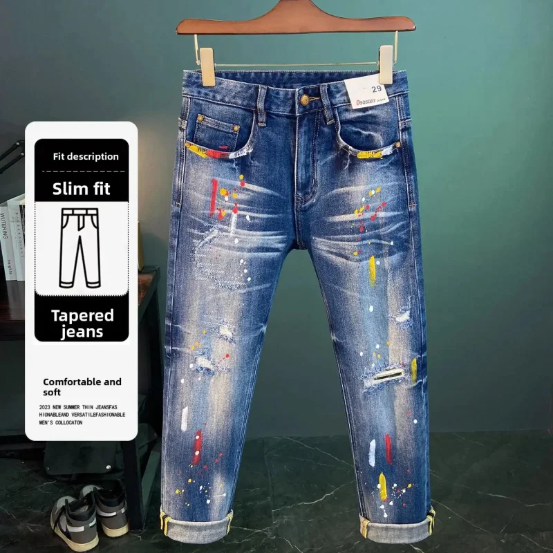 Retro Style Men's Denim Jeans with Graffiti Pattern, Vintage Slim Fit Streetwear Pants, Casual Jeans with Paint Pattern for Big