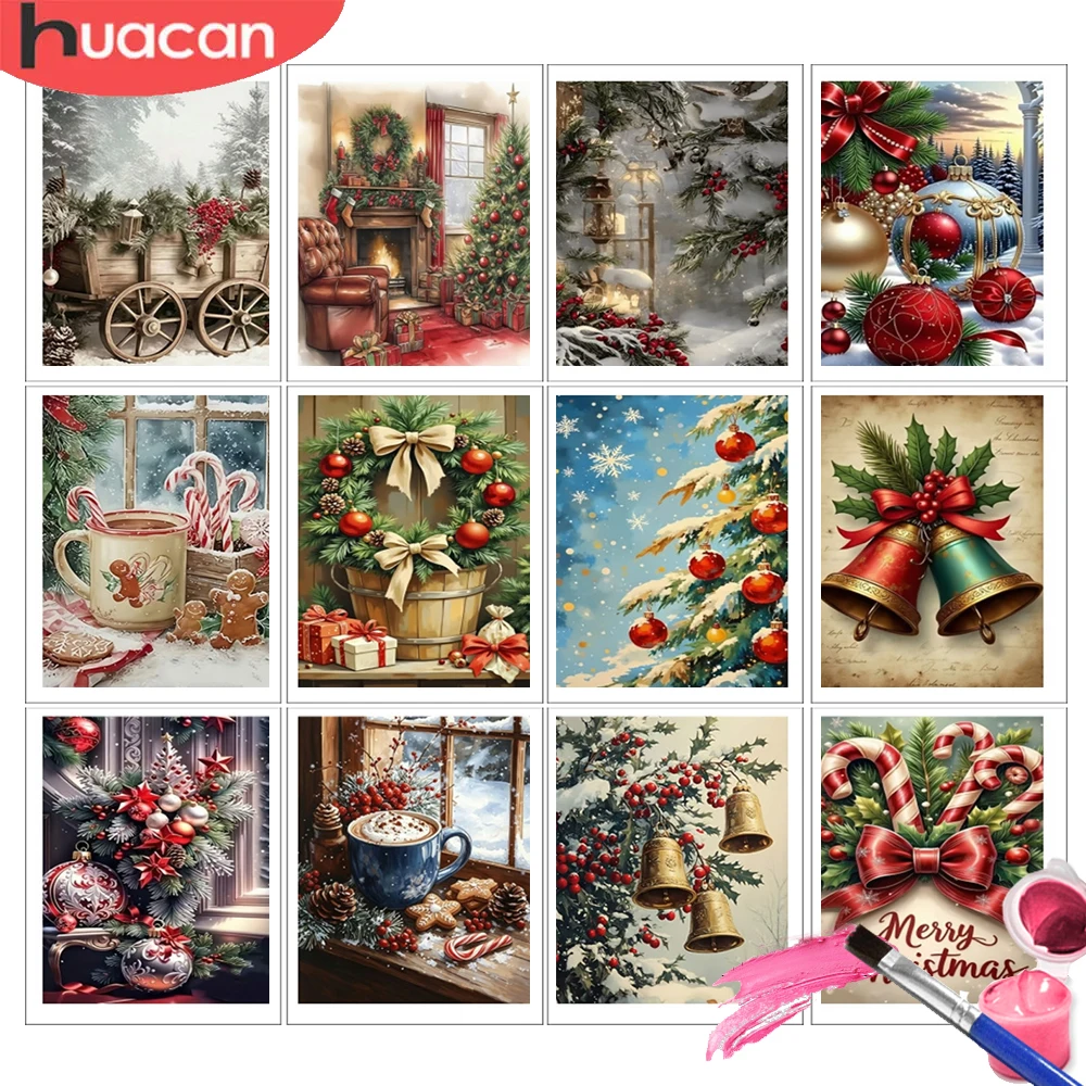 HUACAN Paint By Number Christmas Tree Landscape Coloring Draw On Canvas Bell Winter Snow Home Decor Pictures Oil Painting