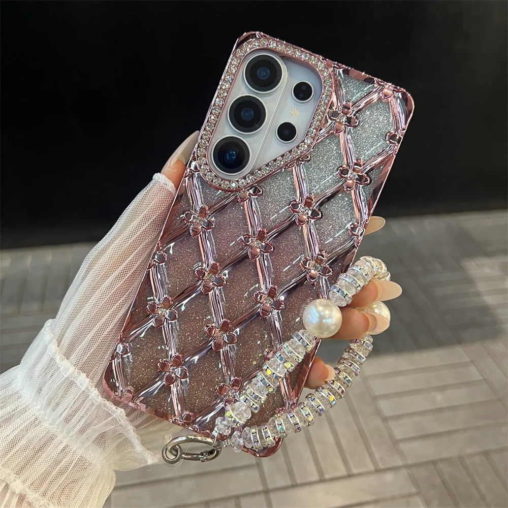 Luxury Plating Flower Glitter Rhinestone Bracelet Phone Case For Samsung S25 S26 Ultra S23 S24 Plus Shockproof Clear Back Cover