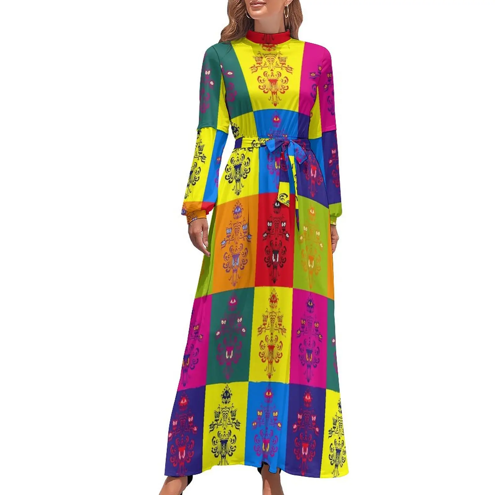 

Haunted Mansion Dress Pop Art Modern Custom Maxi Dress High Waist Long Sleeve Street Wear Beach Long Dresses