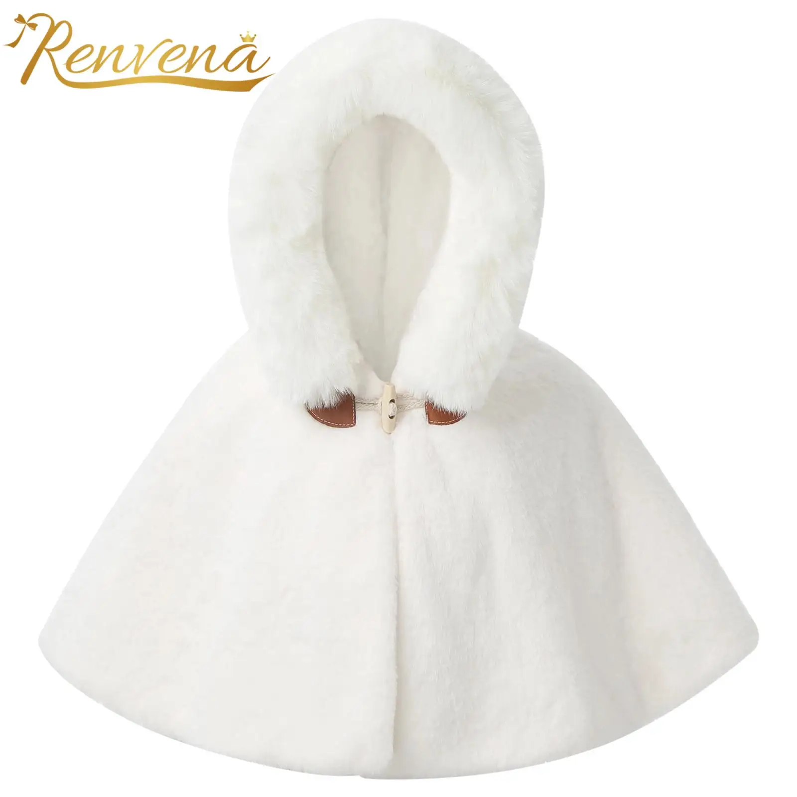 Baby Girls Faux Fur Cape Cute Thicken Fleece Hooded Cape Fully Lined Warm Poncho Outerwear Flower Girl Jacket Wedding Cloak