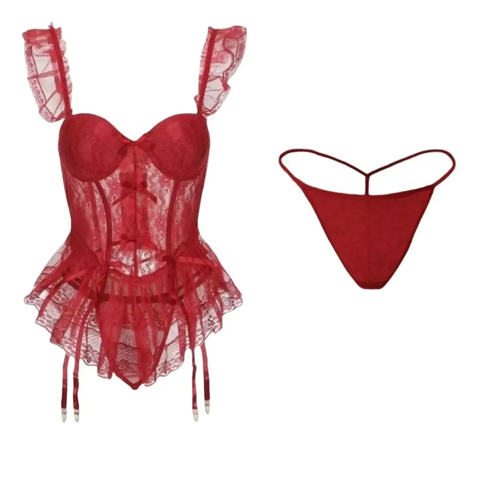 

Fashion Bowknot Lace Lingerie Women Flounce Mesh Lace Sling Nightdress Transparent Nightwear See Through Night Dress Home