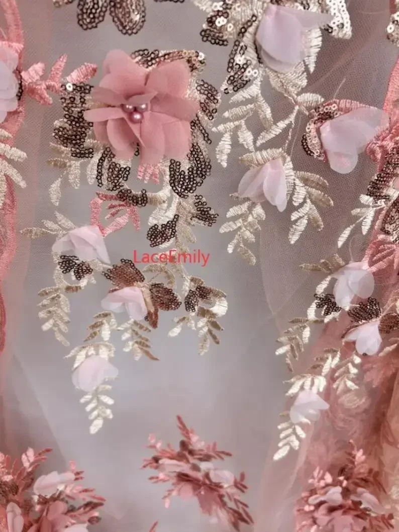 ثلاثية الأبعاد زهرة حبة اللؤلؤ أقمشة الدانتيل الوردي الشيفون الأزهار تول النسيج لفستان الزفاف الحجاب فتاة فستان توتو فستان 1 ياردة #4