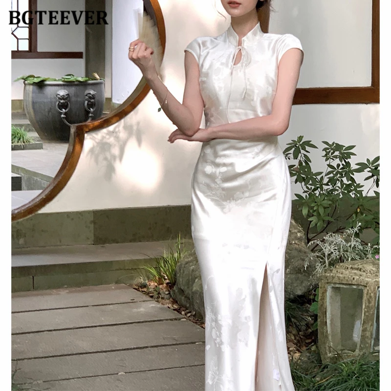 BGTEEVER Summer Vintage Stand Collar Lace-up Women cheongsam Package Hip Dress Elegant Slim Ladies Side Split Bodycon Dress