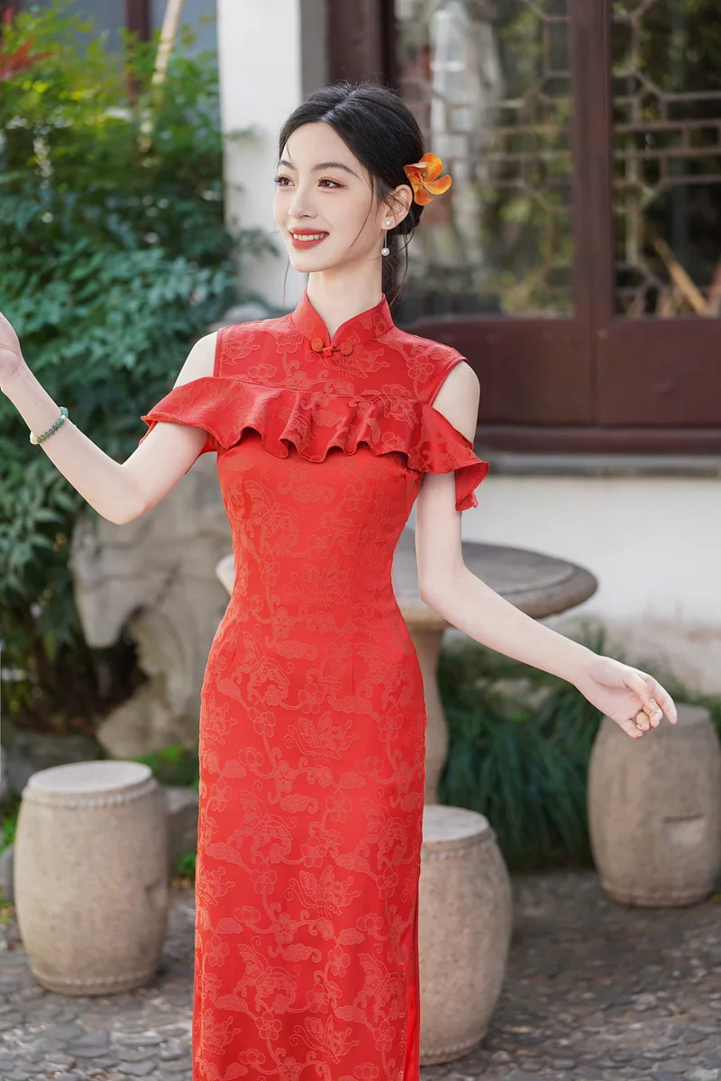 Summer Sleeveless Ruffles Applique Cheongsam Women's Chinese Style Vintage Red Bride Wedding Qipao Dress Elegant Temperament
