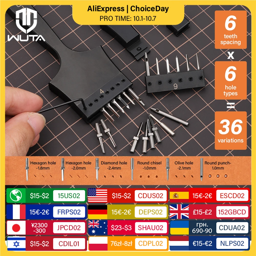 

WUTA Multifunctional Leather Hole Punch Round Pricking Iron Stitching Punching Chisel Interchangeable Head Leather Craft Tools